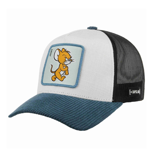CAPSLAB Casquette Tom & Jerry Premium en cordon de Bamboo Blanc, Bleu Foncé