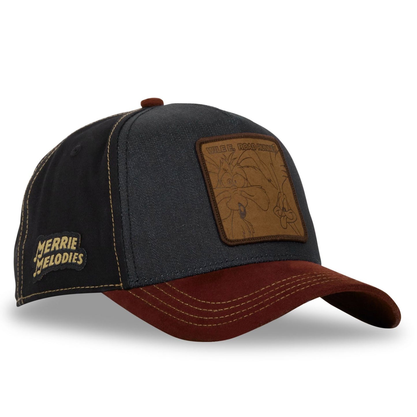 CAPSLAB Casquette Looney Tunes Wile E. & Road Runner Denim Navy Maroon Suede